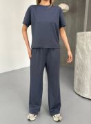 Osy Modal Yumuşak Dokulu Kumaş Kısa Kollu Bluz Rahat Pantalon Ikili Takım- Füme resmi